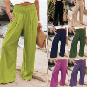 Summer Ladies Palazzo Casual Wide Leg High Elastic Pockets Trousers Pants Pants - Picture 1 of 22
