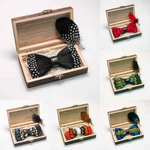 Feather Bowtie Men Luxury Fashion Brooch Pin Brackish Handmade Gift Box Bow Tie - Picture 1 of 85