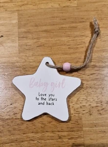 Shabby Chic Wooden hanging Star Plaque - 'Baby Girl, I Love You' New Baby - Picture 1 of 1