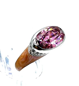 Vintage Pink Cubic Zirconia Swirled Enamel Oval Silver Statement Cocktail Ring 6 - Picture 1 of 12