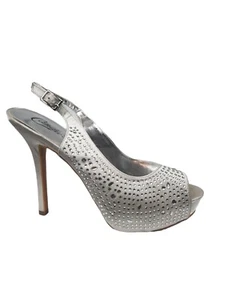 Candies Silver Satin Gem Embellished Slingback Peep Toe Stilettos Size 8.5 - Picture 1 of 8