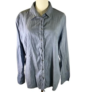 Tommy Hilfiger Womens XL Blue Long Sleeve Button Up Ruffle Front Shirt Cotton - Picture 1 of 15