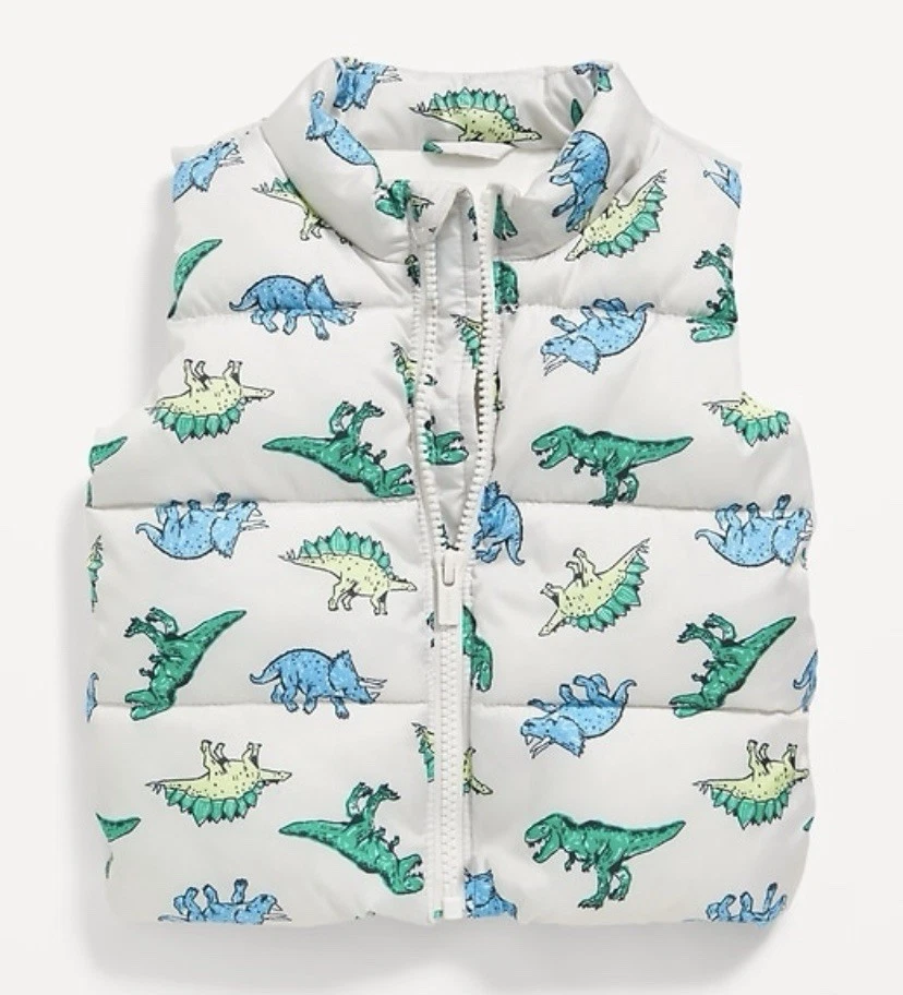 Old Navy Dinosaur Print Water Resistant Quilted Puffer Vest 18-24 Months NWT NEW — 第 1/1 张图片
