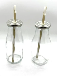 2 botellas de leche de vidrio transparente con tapa y pajita/lavable reutilizable/agua, jugo retro - Imagen 1 de 5