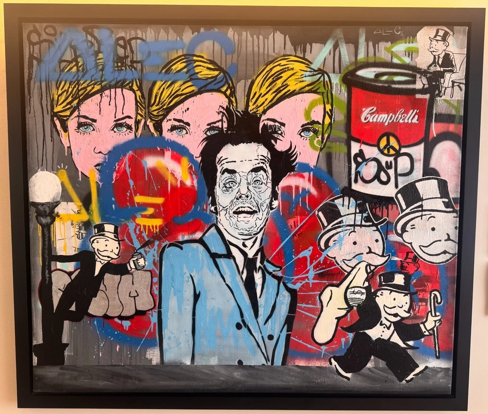 Alec Monopoly “Street Scene” | Pintura en lienzo original enmarcada en medios mixtos 48x56 Foto 1 de 4