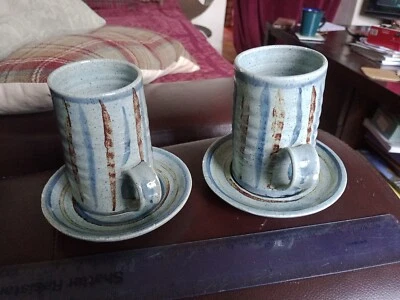 Anthony Richards, Arch Pottery,St Ives. Blue Glaze 2x Mugs & Saucers, Chips. - Image 1 of 4
