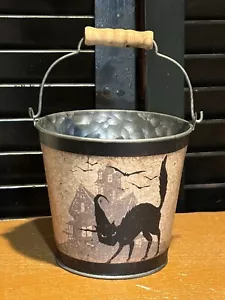 Metal Bucket w Wood Bail Handle Black Cat Primitive Halloween Bucket - Picture 1 of 6