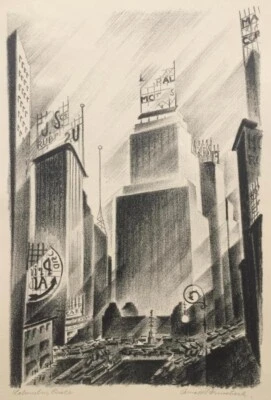 Columbus Circle Arnold Ronnebeck 1929 Impresión Modernista Americana Litografía Nueva York Foto 1 de 2