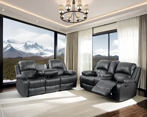 NEW Sofa Loveseat Black Leather Living Room Set 4-Seater Recliner and Cupholder - Picture 1 of 9