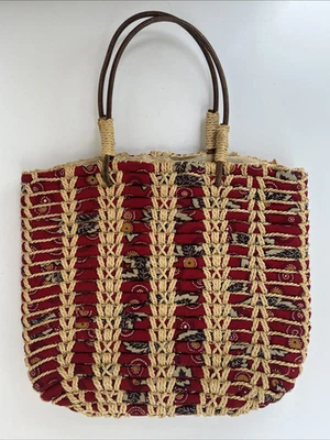 Bolso de Mano Vintage Años 90 Cottagecore Vera Bradley Hoja Roja y Paja Tejida Retro Años 90 Foto 1 de 4