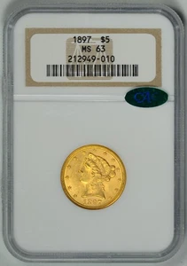 1897  $5 Gold Liberty NGC  MS63  CAC  *  Choice Uncirculated  *  #212949-010 - Picture 1 of 4