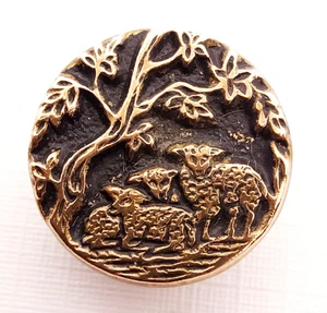 Sheep Under Tree ~ Antique Stamped Brass Animal Picture Button ~ just over 9/16" - Picture 1 of 4