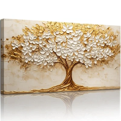 Arte de pared Árbol de la vida, pinturas en lienzo extra grandes de árbol de oro blanco, naturaleza L... Foto 1 de 4