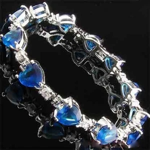 Blue Cubic Zirconia Sapphire 18KWGP Crystal Heart Link Women Bangle Bracelet - Picture 1 of 3