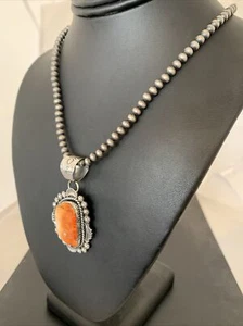 Sterling Silver Navajo Pearls Orange Spiny Oyster Pendant Necklace 00773 - Picture 1 of 12