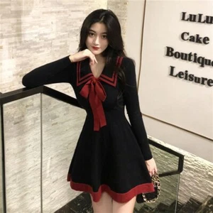Anime Schulmädchen/Puppe Cosplay Langarm A-Linie Kleid mit Fliege für Frauen - Bild 1 von 8