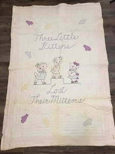 Vtg Hand Embroidered Child Baby Quilt Three Little Kittens Lost Their Mittens - Picture 1 of 12