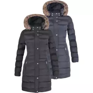 Womens Long Fur Trimmed Hooded Padded Puffer Parka Ladies Winter Jacket Coat - Picture 1 of 13