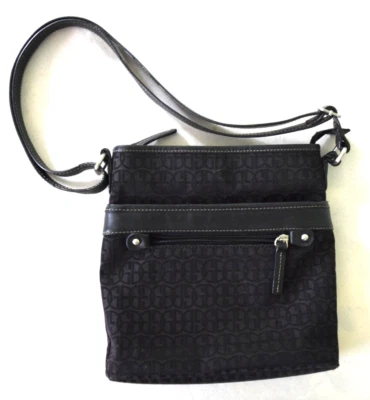 GIANI BERNINI 8 Bolsillos Lona y Cuero Negro Bolso de Hombro Cartera Usado en Excelente Condición Foto 1 de 4