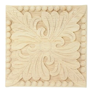 Natural Wood Appliques Square Flower Carving Decals Decorative Wooden Mouldings - Picture 1 of 10