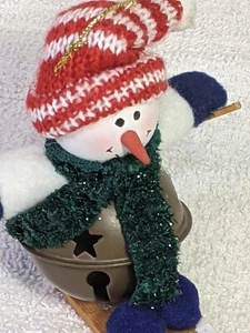Jingle Bell Christmas Ornament Snowman Skiing Winter Cap Pom Poms Skis Vtg - Picture 1 of 7