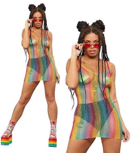 Fever Rainbow Fishnet Dress Ladies Pride Festival Carnival Fancy dress Outfit - Picture 1 of 1