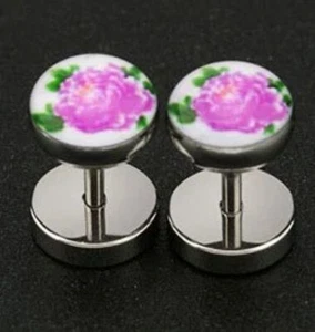 Pink rose fake plug stud earrings 2 PAIRS - Picture 1 of 2