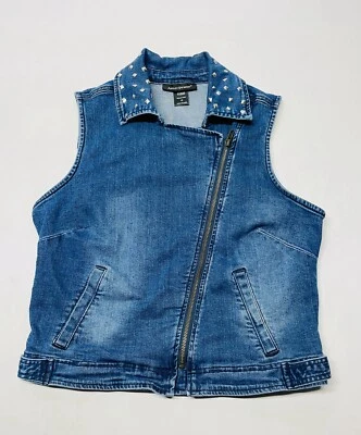 Chaleco Jean Azul Cremallera Asimétrica Denim Tachonado Talla 12 Grunge Motociclista Gótico Edgy Foto 1 de 4