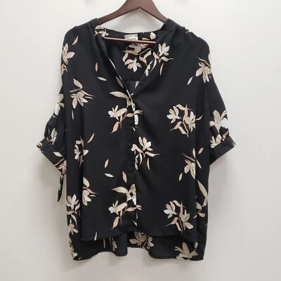 Top Ava & Viv Mujer Floral Oscuro Abotonado Talla 2X Negro Manga Corbata Oficina Foto 1 de 4
