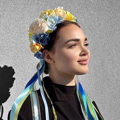 Ukrainian National Head Wreath Blue Yellow Flower Headdress Headpiece Headband  - Image 1 of 4