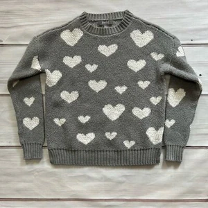 Marled Grey with White Hears Women's Crew Neck Long Sleeve Sweater Size XS - Picture 1 of 5