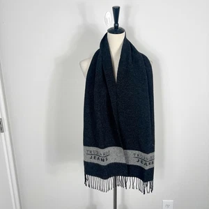 Bufanda de lana Trussardi JEANS negra con logotipo liso flecos para hombre talla única Italia - Imagen 1 de 3