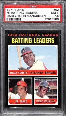 1971 Topps #62 NL Líderes de Bateo Carty/Torre PSA Casi Nuevo+ 7,5 Foto 1 de 2