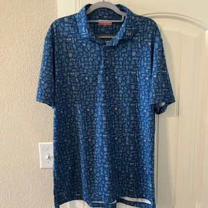 Fore Fathers Lone Star Polo Mens L Blue Texas Print Moisture Wicking Stretch - Picture 1 of 3