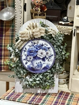 复古风格木制墙拱装饰,蓝色 Chintz,白色,10x17 英寸手工制作 — 第 1/4 张图片