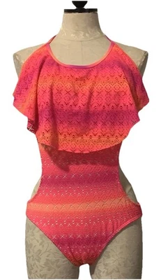 Traje de baño sin espalda OP una pieza halter bikini ganchillo rosa neón ganchillo L 11-13 Foto 1 de 4