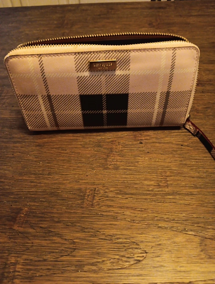 Organizador de carteira feminina Kate Spade couro envernizado grande zíper xadrez rosa - Imagem 1 de 4