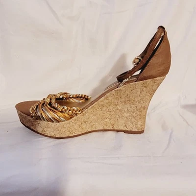 Vintage Women's Shoes Platform Heels Brown-Gold Cork by Fioni Size 9, NOS in Box - Image 1 of 4