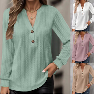 Women Loose T-Shirt Long Sleeve V Neck Pullover Solid Casual Tee Tops Jumper