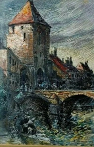 LISTED SWEDE JOHAN BERGLING Sd ORIG OIL on PAPER ANTIQUE GATE TOWER STONE BRIDGE - Picture 1 of 11
