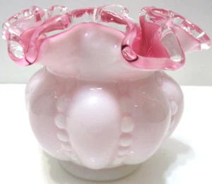 Vintage Fenton Glass Rose Bowl Vase Peach Crest Beaded Melon 4 1/2" D 3 3/4" T - Picture 1 of 5