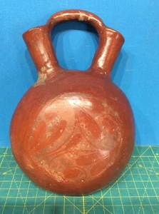 Pre-Columbian Red Clay Dual Spout Wedding Vessel Jug Round Bottom Polychrome - Picture 1 of 12