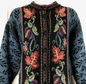 Cárdigan chaqueta forrada con botones de mezcla de lana azul medio diseño islandés para mujer - Imagen 1 de 10