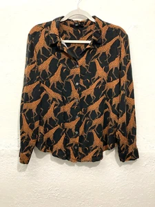 Jane + Delancey Giraffe Printer Long Sleeve Button Down Top Brown black Size L - Picture 1 of 8