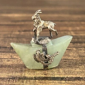 Vintage Chinesisches Horoskop Messing Bowenit Jade Ziege Figur - Bild 1 von 4