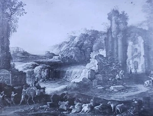 Landscape With Roman Ruins and Waterfall, Paul Brill, Magic Lantern Glass Slide - Picture 1 of 5