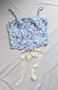 Women's Y2K Blue Cottagecore Floral Corset Top with Ribbon Fairy Princess - Picture 1 of 5