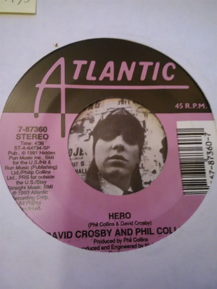 David Crosby and Phil Collins, Hero ~ 1993 Atlantic 45 +juke strip - Imagem 1 de 1