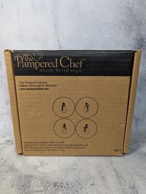 Pampered Chef Snowmen Round Appetizer Plates Set of 4 6 inch #3011 NEW in Box - Image 1 of 4
