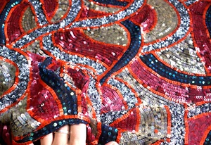 RED SWIRL Designer Sequin Fabric, 105cm wide, Per Half Metre - Picture 1 of 7